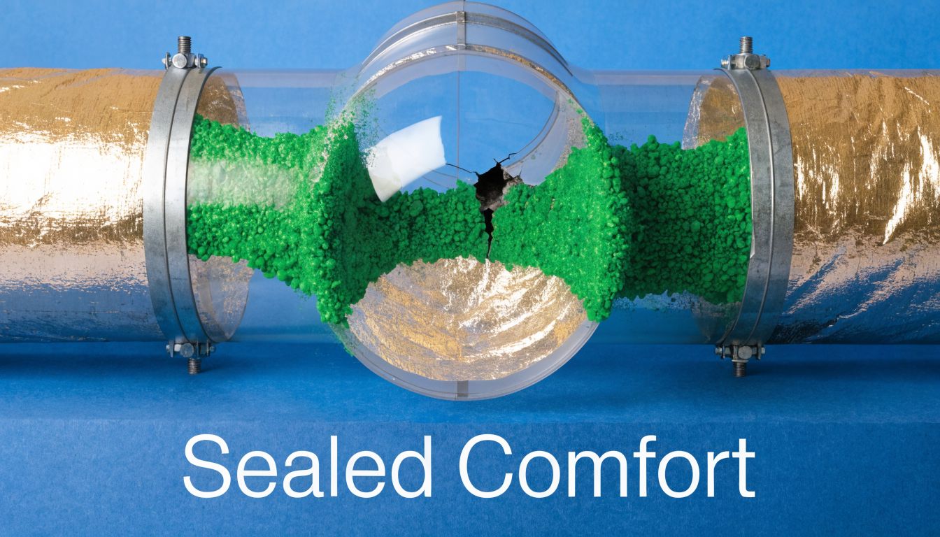 A close-up view of clear industrial ductwork showing green sealant material inside with the text Sealed Comfort.