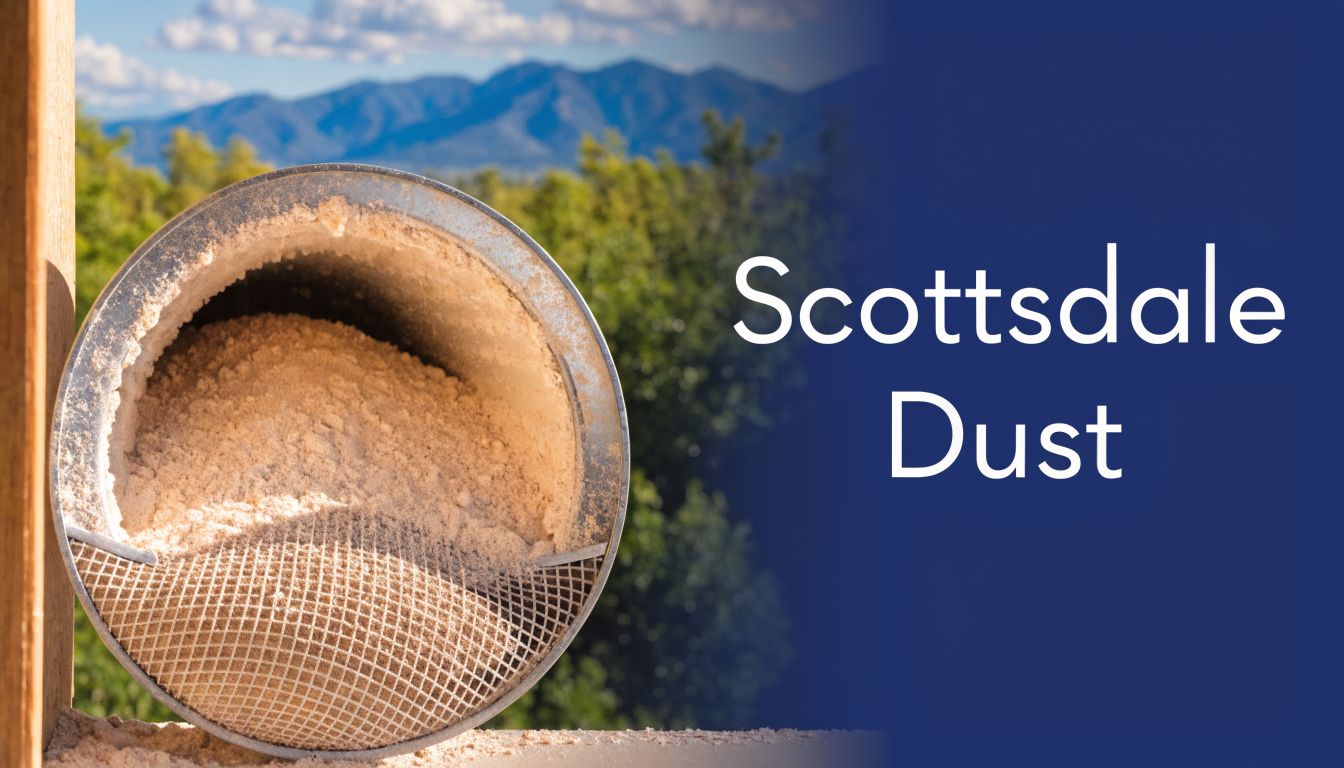A round metal duct cleaning device with a mesh screen, filled with beige dust particles in Scottsdale.