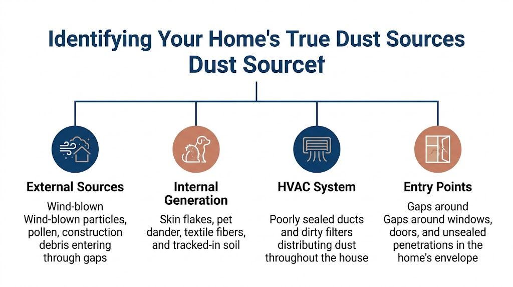 A diagram illustrating common sources of dust in a home, including external factors, internal generation, and ventilation systems.
