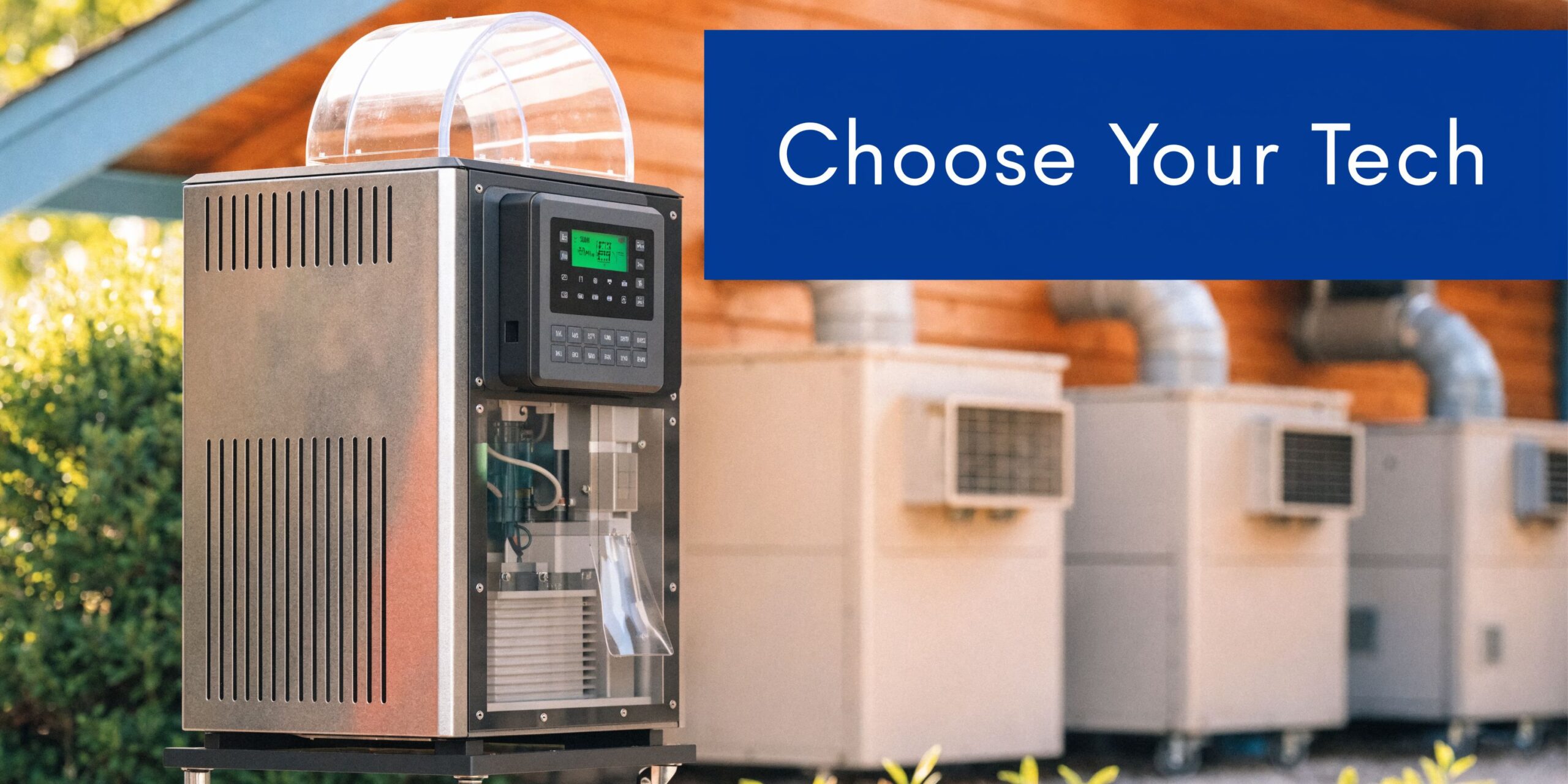 A professional high-efficiency HVAC equipment unit placed outdoors with a digital control panel display.