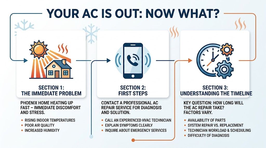 How Long Does AC Repair Take? Expert Timelines. 2 An infographic titled Your AC is Out explaining the steps and timeline for HVAC repair services.