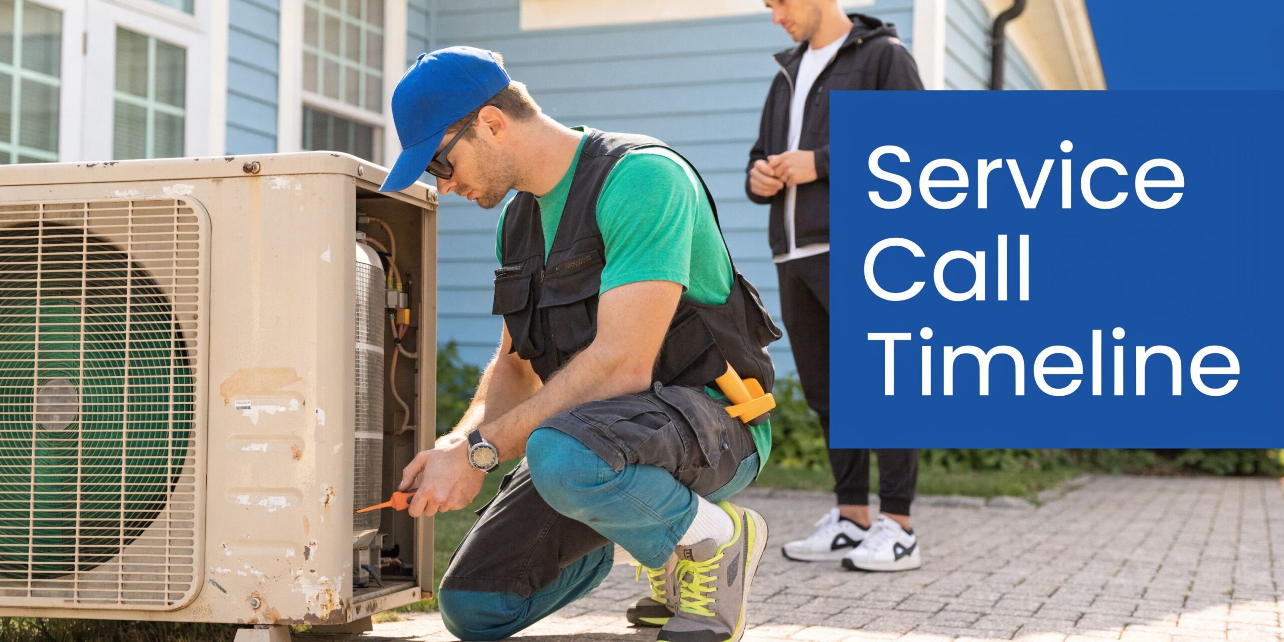 How Long Does AC Repair Take? Expert Timelines. 3 A professional technician wearing a cap kneels while repairing an outdoor air conditioning unit for a client.