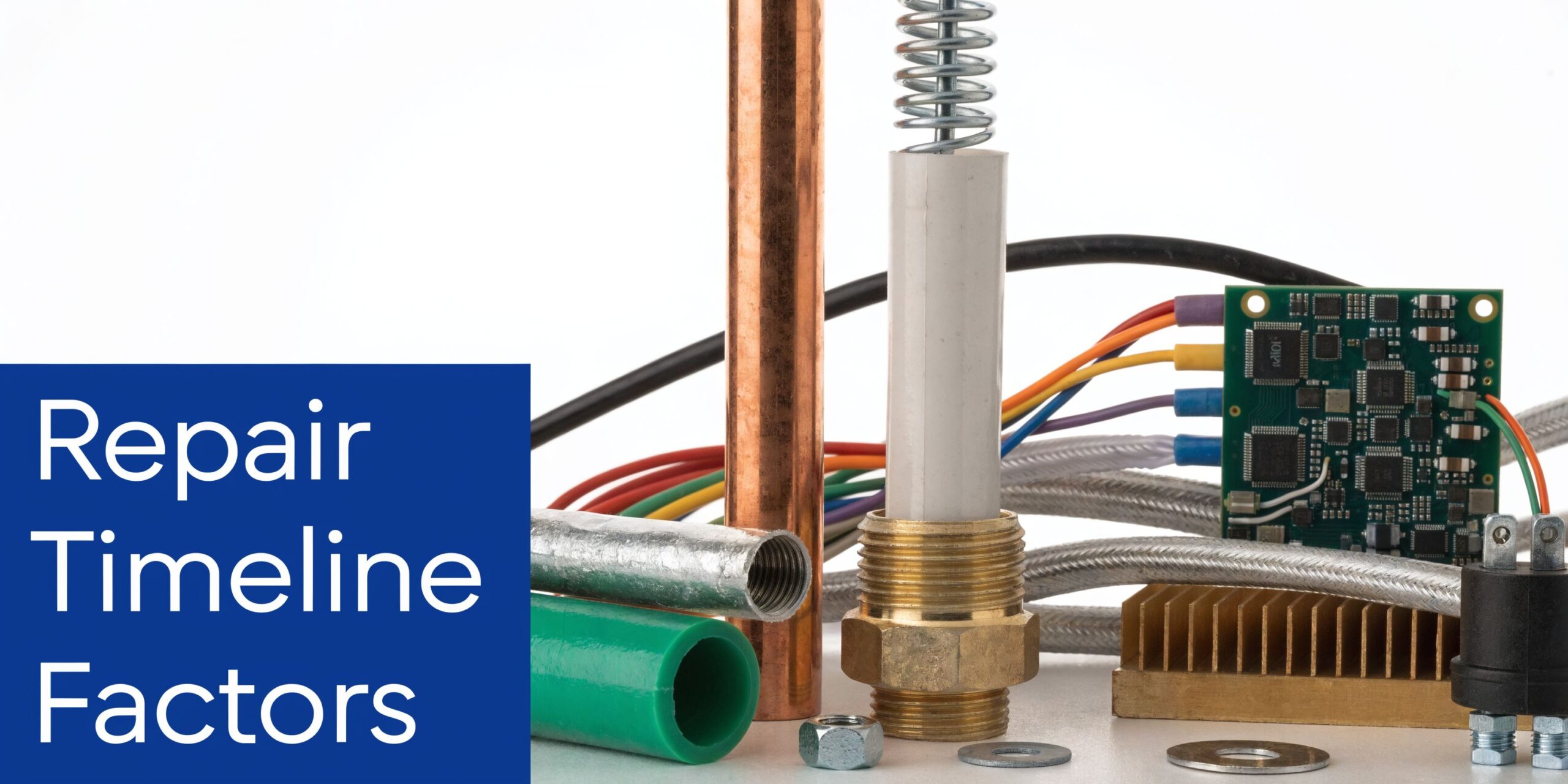 How Long Does AC Repair Take? Expert Timelines. 4 Various construction and repair materials including copper pipes, wires, circuit boards, and connectors on white background.