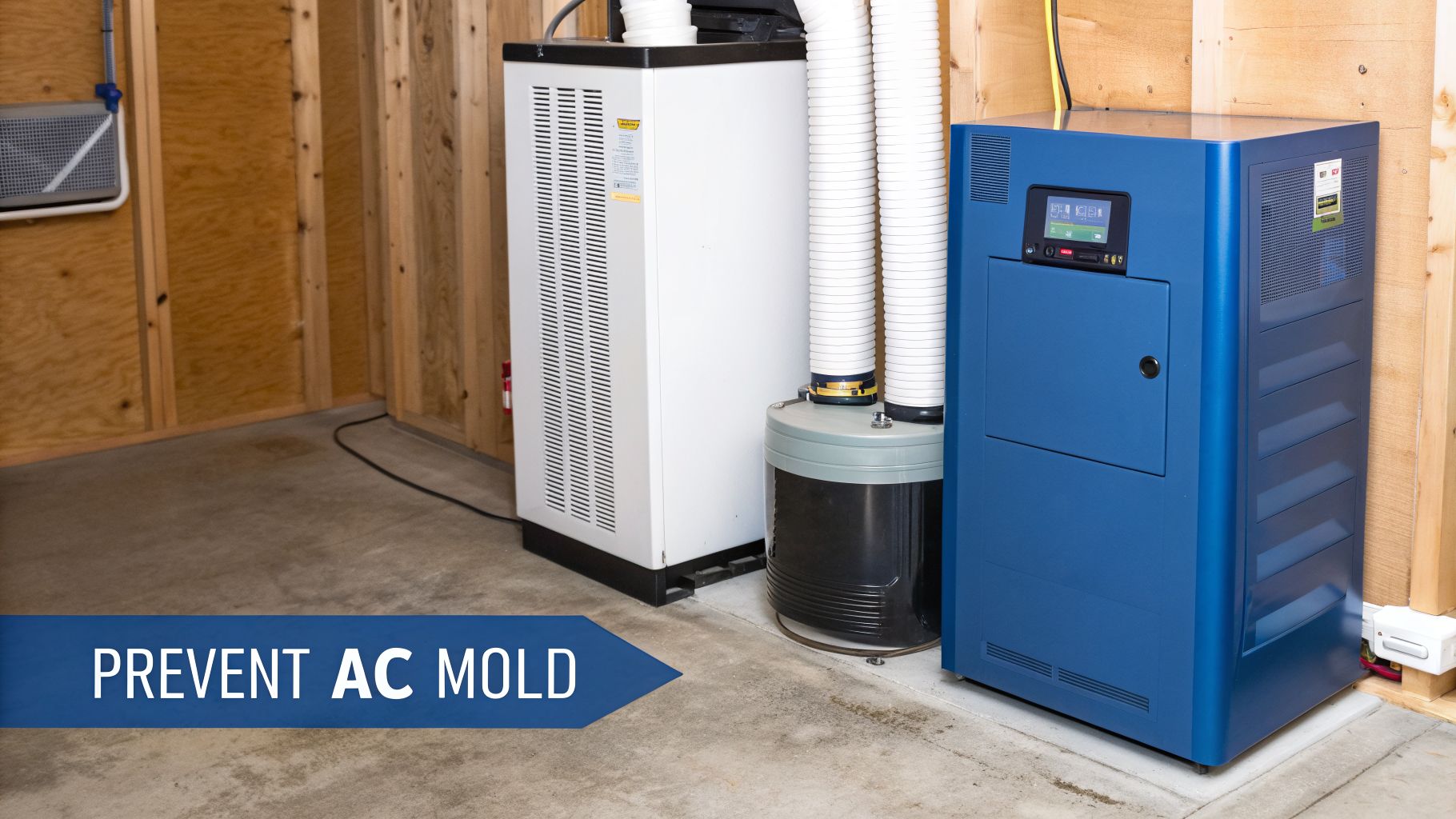 Guide: How to Clean Mold Out of AC Unit in 2026 4 Two HVAC units, one white and one blue, in a utility room with exposed wooden studs and concrete floor.
