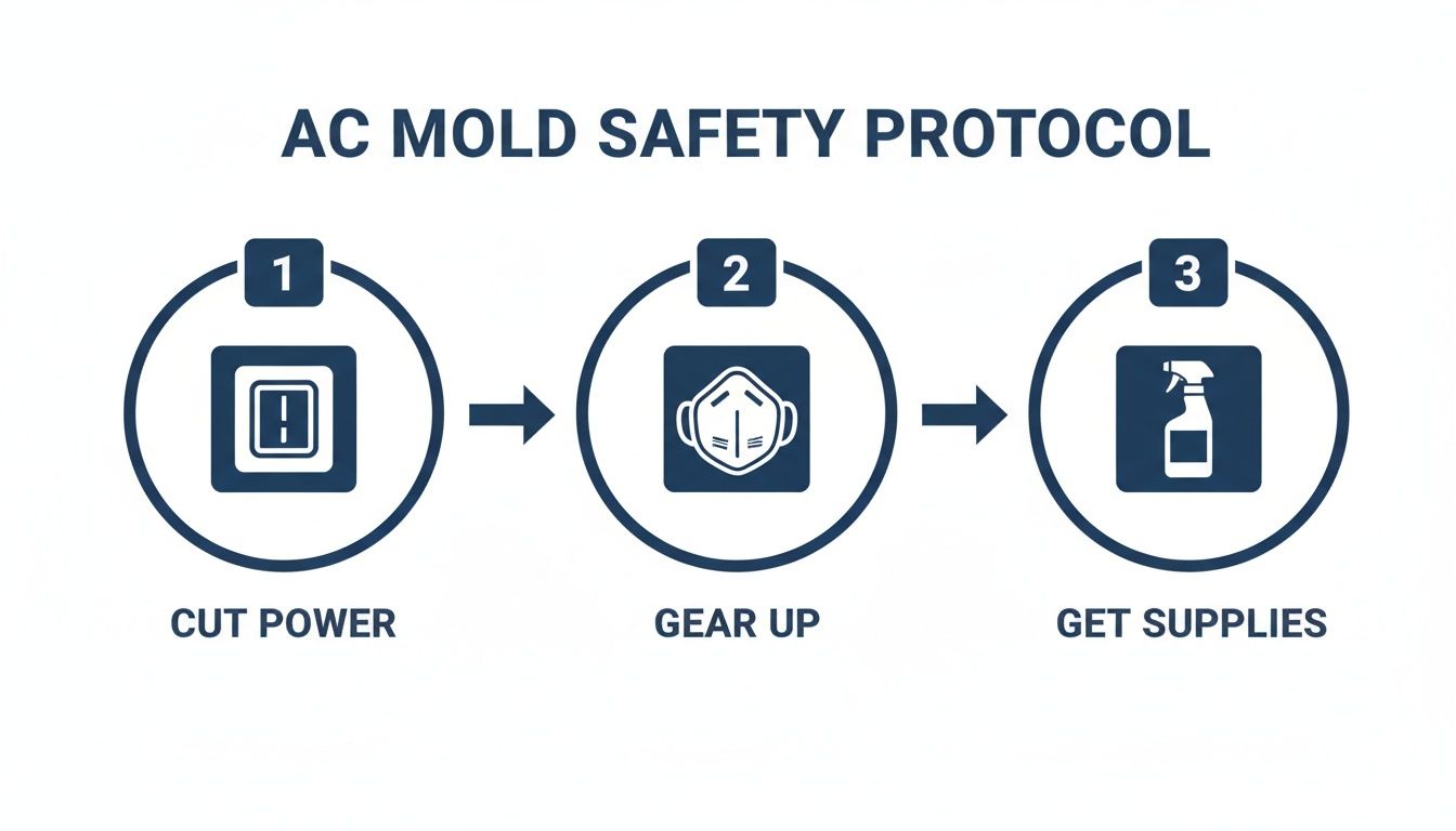 Guide: How to Clean Mold Out of AC Unit in 2026 3 Infographic outlining three steps for AC mold safety: cut power, gear up with a mask, and get cleaning supplies.