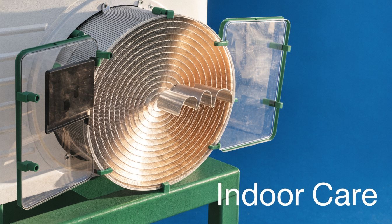 A close-up view of a circular air conditioning coil unit displayed on a green industrial stand.