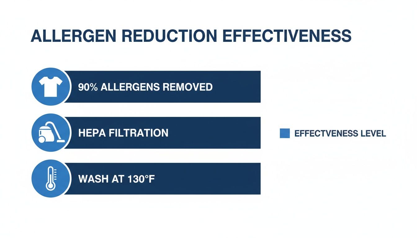 Learn How to Reduce Allergens in Home Effectively in 2026 3 Infographic showing allergen reduction methods, including removing 90% allergens, HEPA filtration, and washing at 130°F.