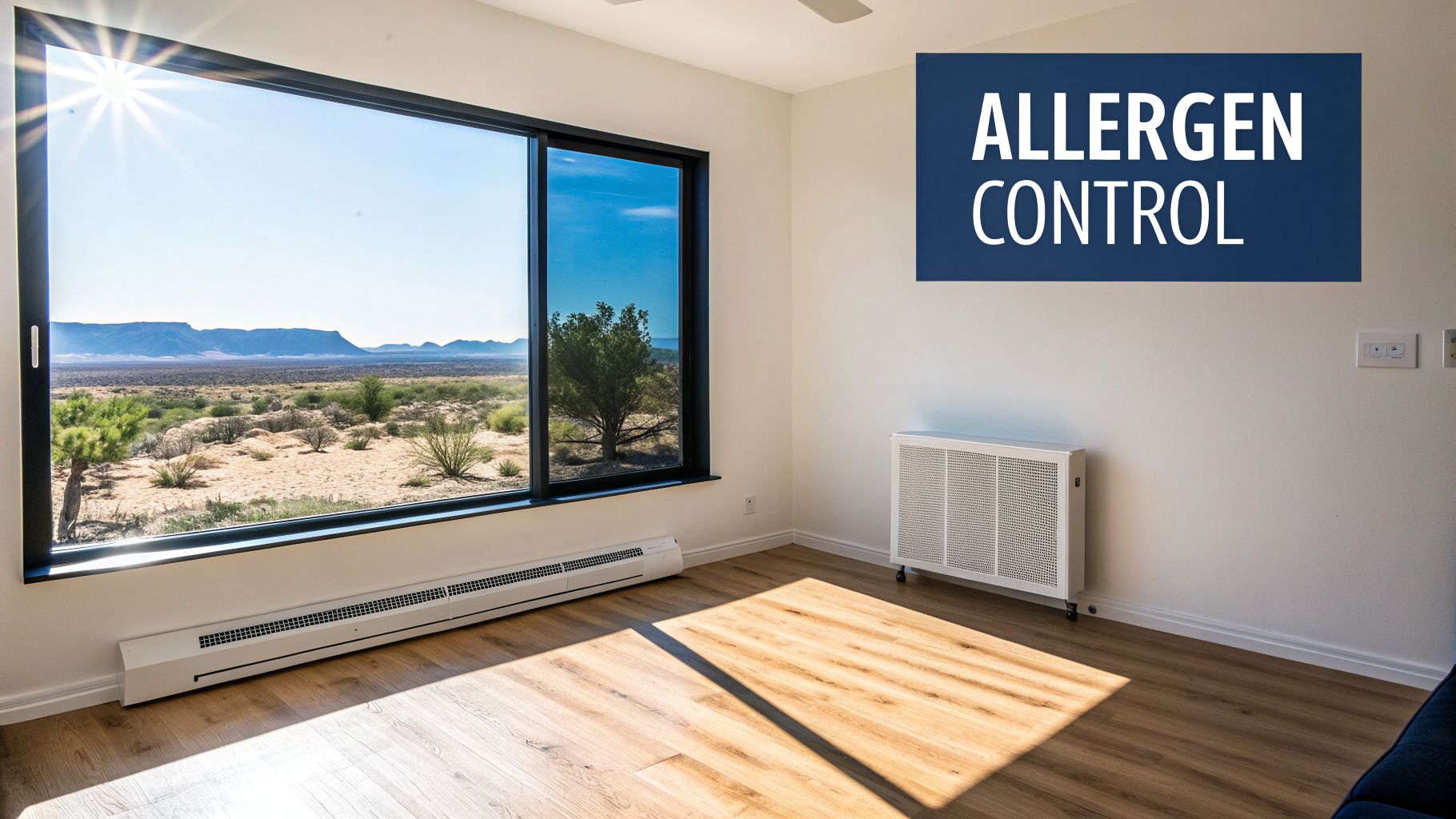 Learn How to Reduce Allergens in Home Effectively in 2026 2 Bright room with wood floors, desert view window, baseboard heater, and 'Allergen Control' sign.