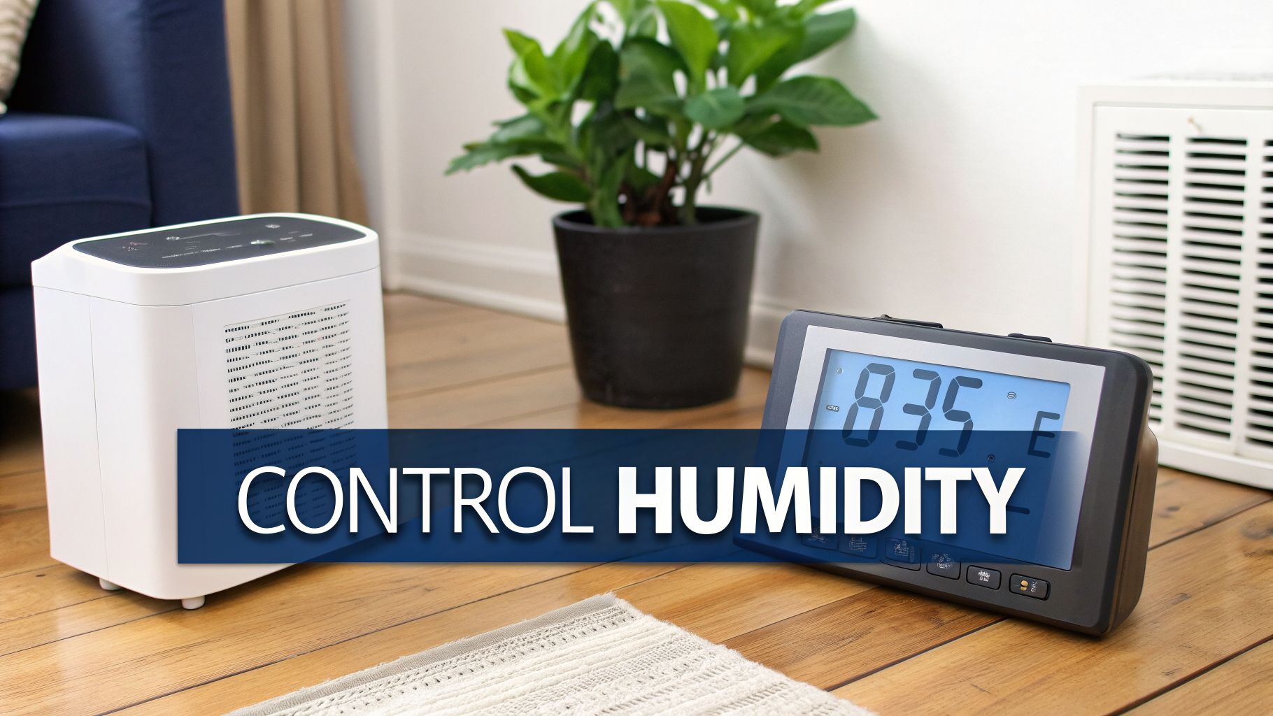Learn How to Reduce Allergens in Home Effectively in 2026 4 A white dehumidifier and digital display on a wooden floor with a plant, text reads 'CONTROL HUMIDITY'.