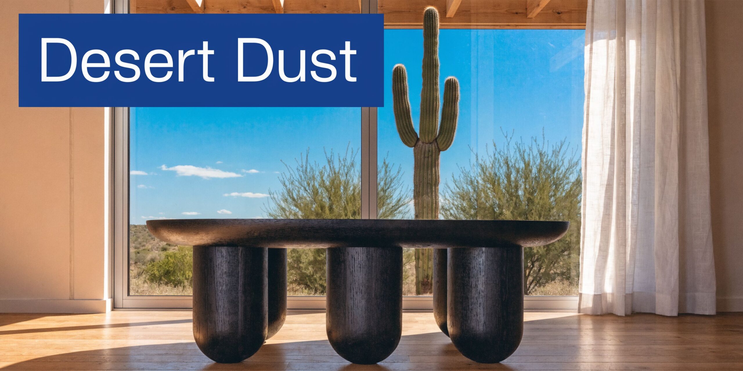 How to Reduce Dust in Your Home: Top Tips 2026 2 A minimalist dark wooden coffee table placed in a sunlit room featuring a view of desert scenery.
