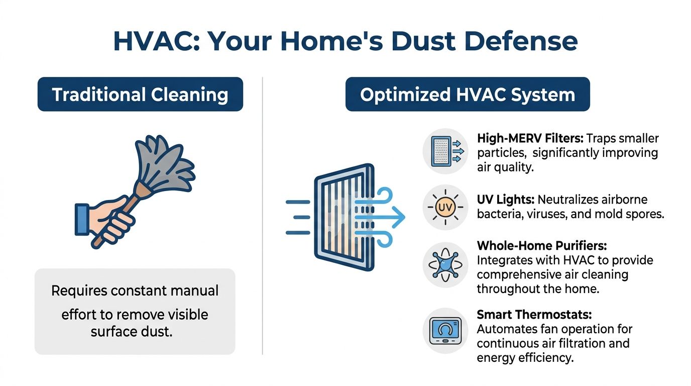How to Reduce Dust in Your Home: Top Tips 2026 3 An infographic comparing traditional manual dusting to using an optimized HVAC system for better home air quality.