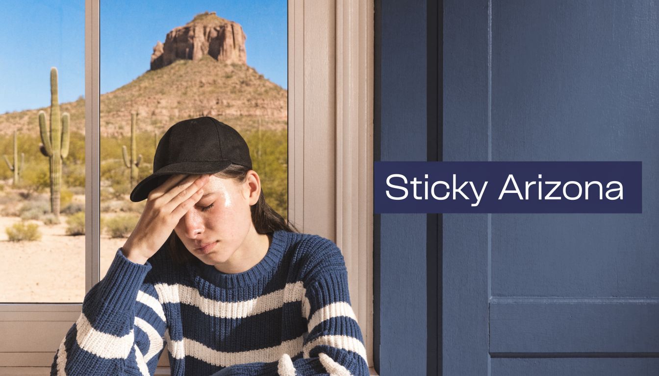 A person looking exhausted while sweating indoors next to a window overlooking an arid Arizona desert landscape.