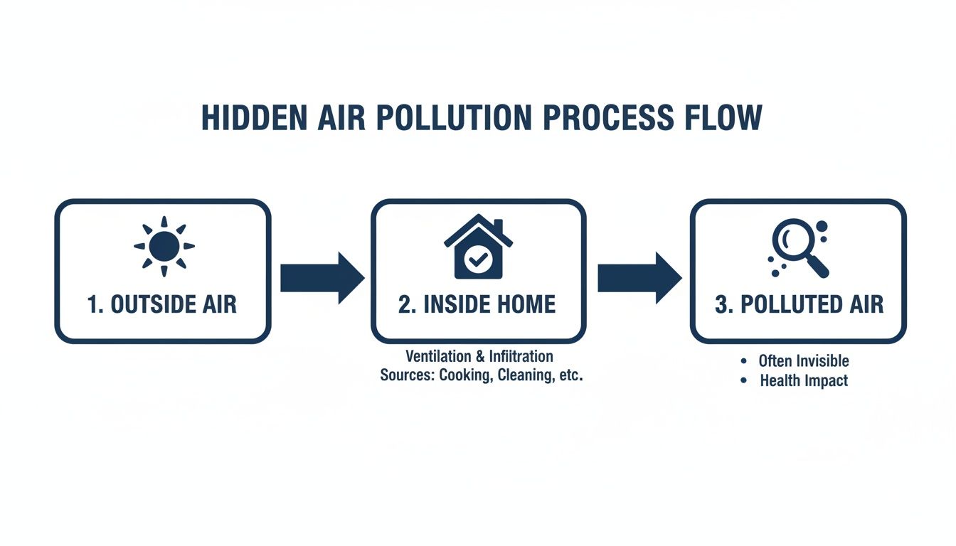 Diagram showing the hidden air pollution process flow: outside air enters home, becomes polluted, with health impacts.