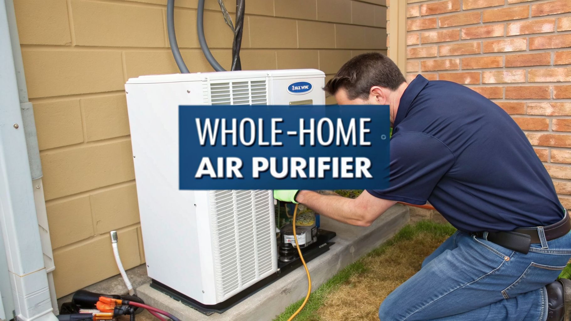 A technician works on a white outdoor whole-home air purifier unit for improved air quality.