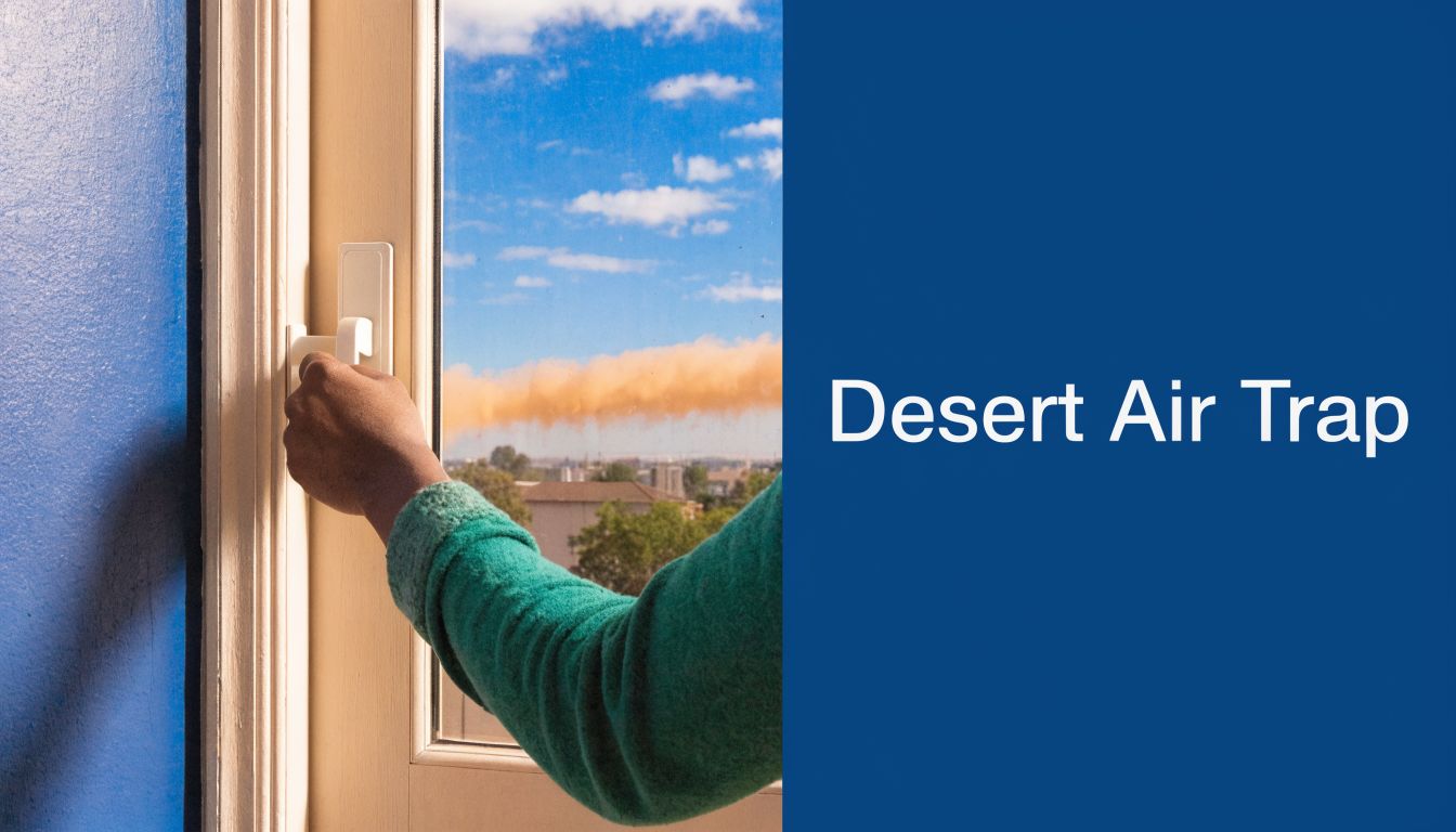 A person opening a window overlooking a city skyline under a large orange desert dust cloud.