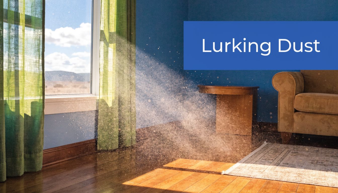 A beam of sunlight illuminates dust particles floating in a living room near a window.