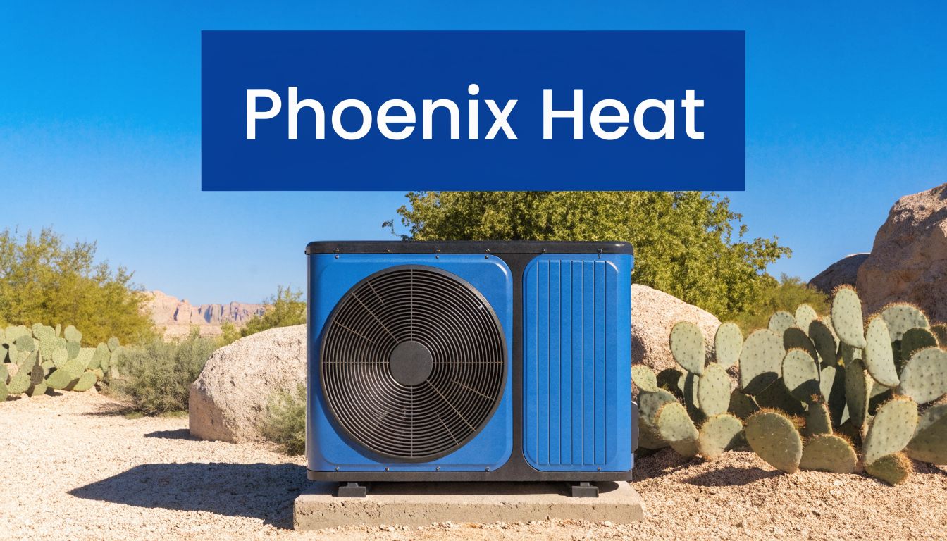 A modern blue Phoenix Heat air conditioning unit installed on a concrete pad in a desert landscape.