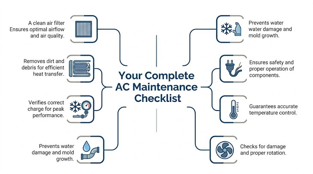 An infographic showing a complete residential AC maintenance checklist with icons for cleaning, inspection, and repair.