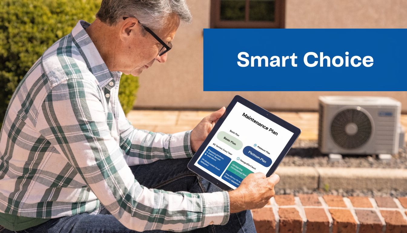A man in a plaid shirt reviews air conditioning maintenance plans on a digital tablet outdoors.