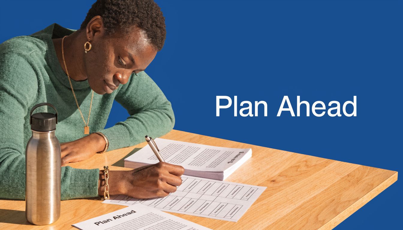 A person wearing a green sweater writing on a planner on a wooden table, next to a water bottle.