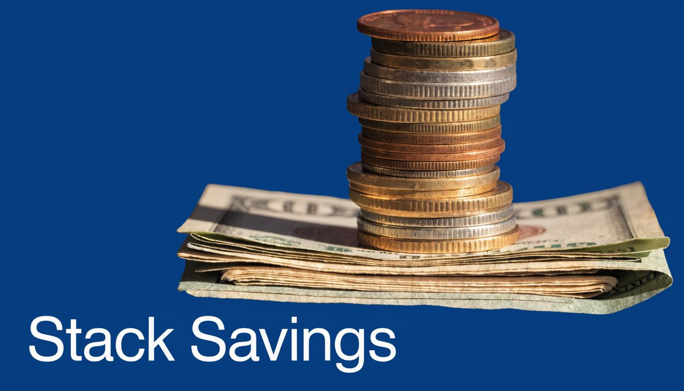 A tall stack of mixed metal coins resting on top of a folded stack of American dollar bills.