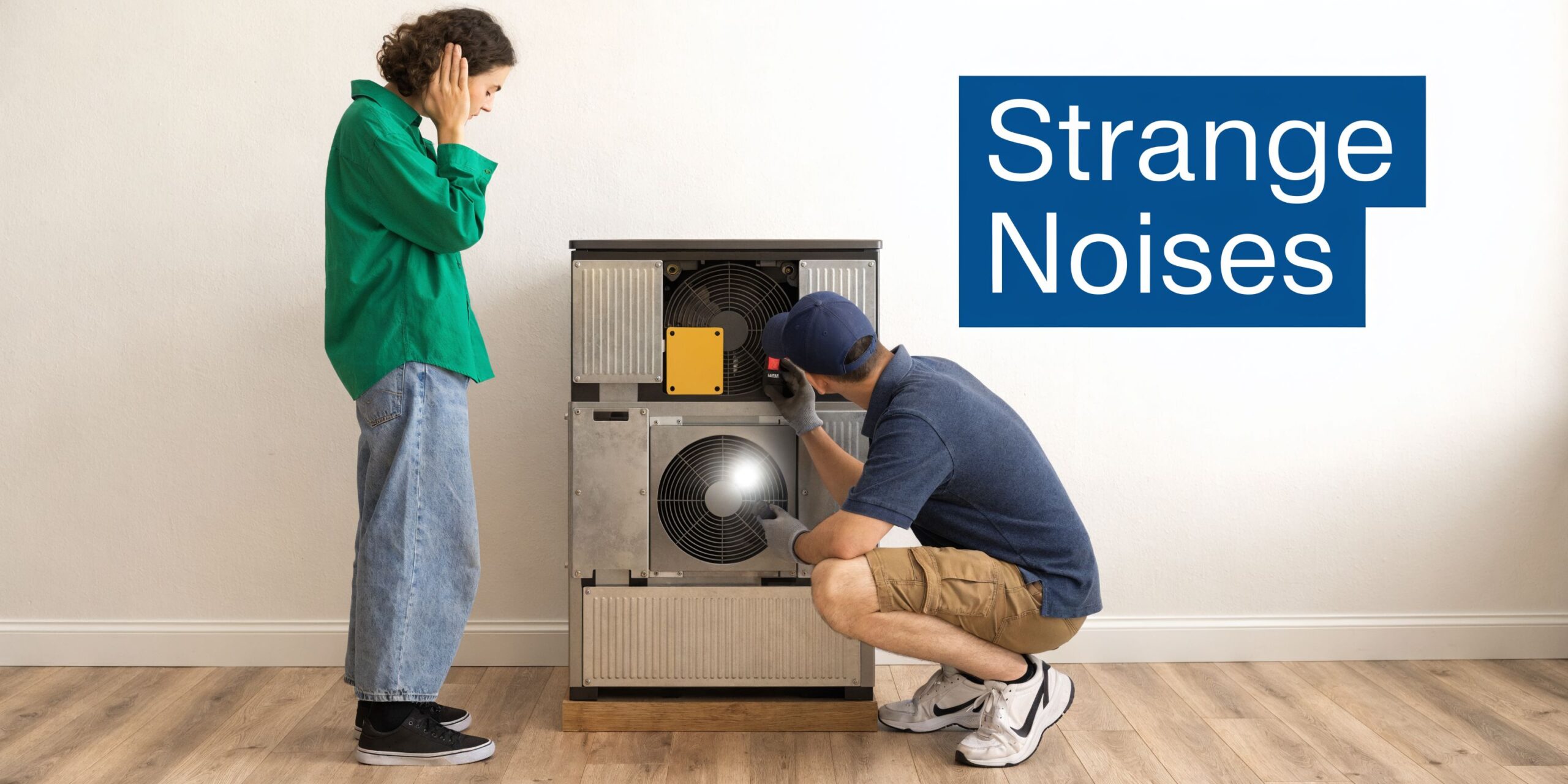 8 Signs You Need a New Furnace (2026 Guide) 2 A technician inspects a noisy furnace while a concerned homeowner covers her ears in frustration.