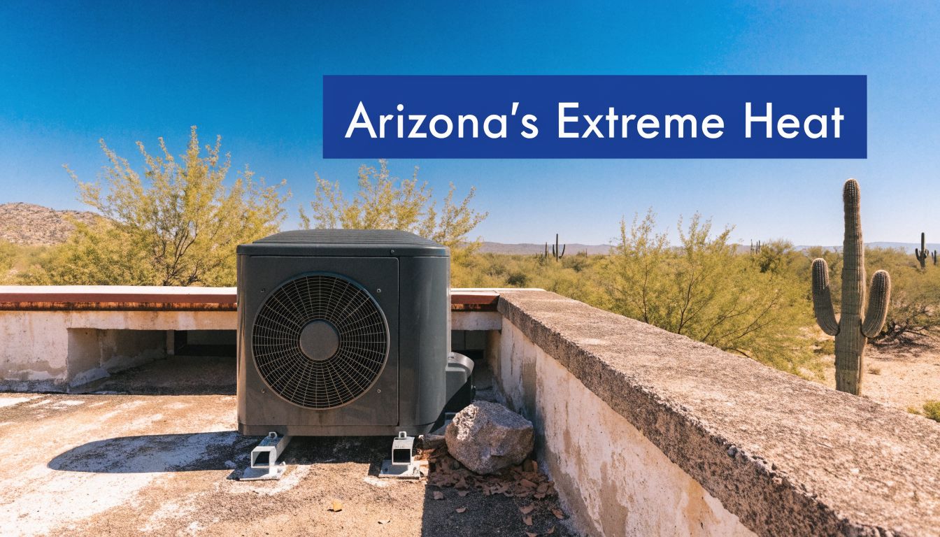 An HVAC AC unit installed on a residential rooftop in the hot Arizona desert landscape.
