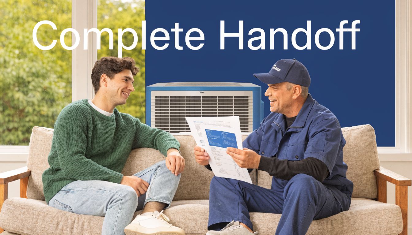 A technician wearing a blue uniform discusses installation paperwork with a customer on a cozy living room couch.
