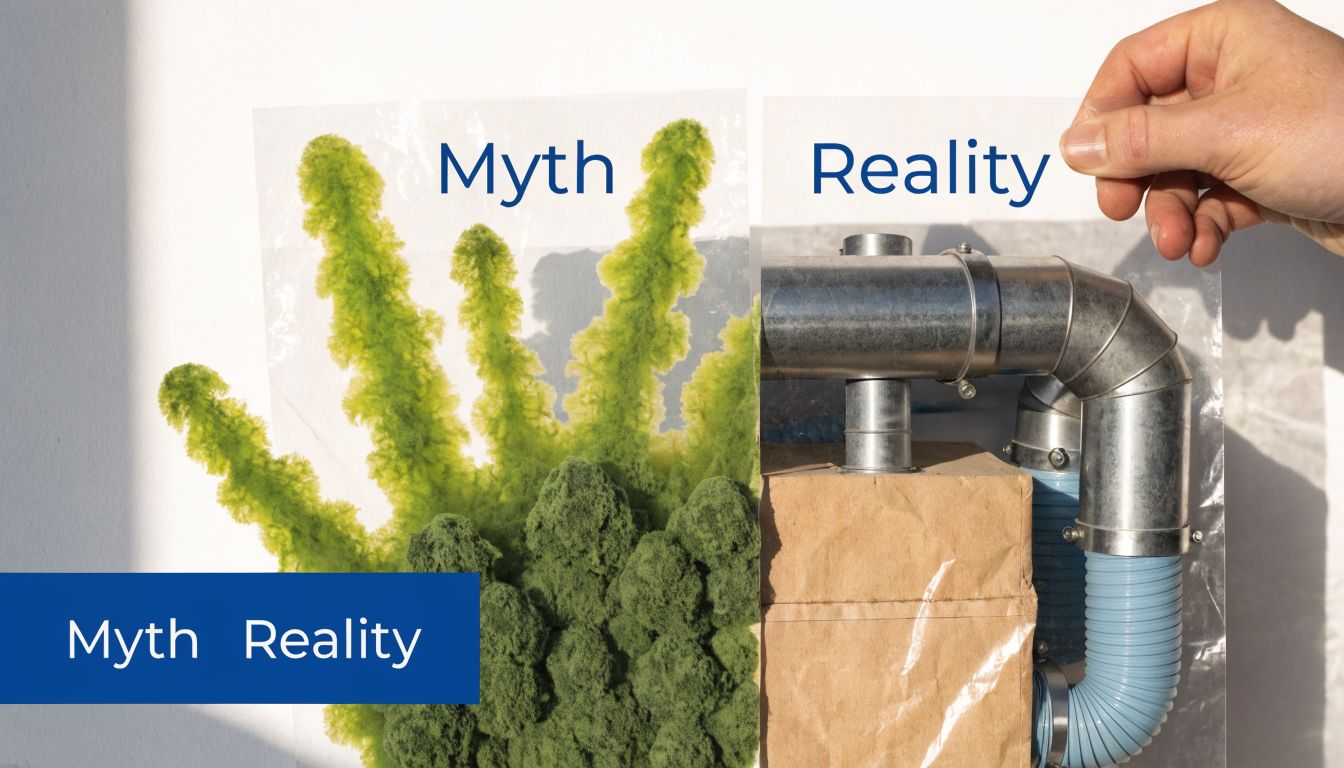 A conceptual image contrasting the myth of mold as natural flora with the reality of ductwork contamination.