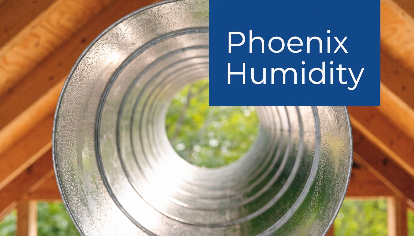 A close-up view through a metallic air duct tunnel framing a view of green trees outside.