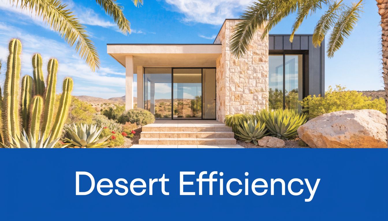 A modern desert home with stone walls and large glass doors surrounded by cactus and palm trees.