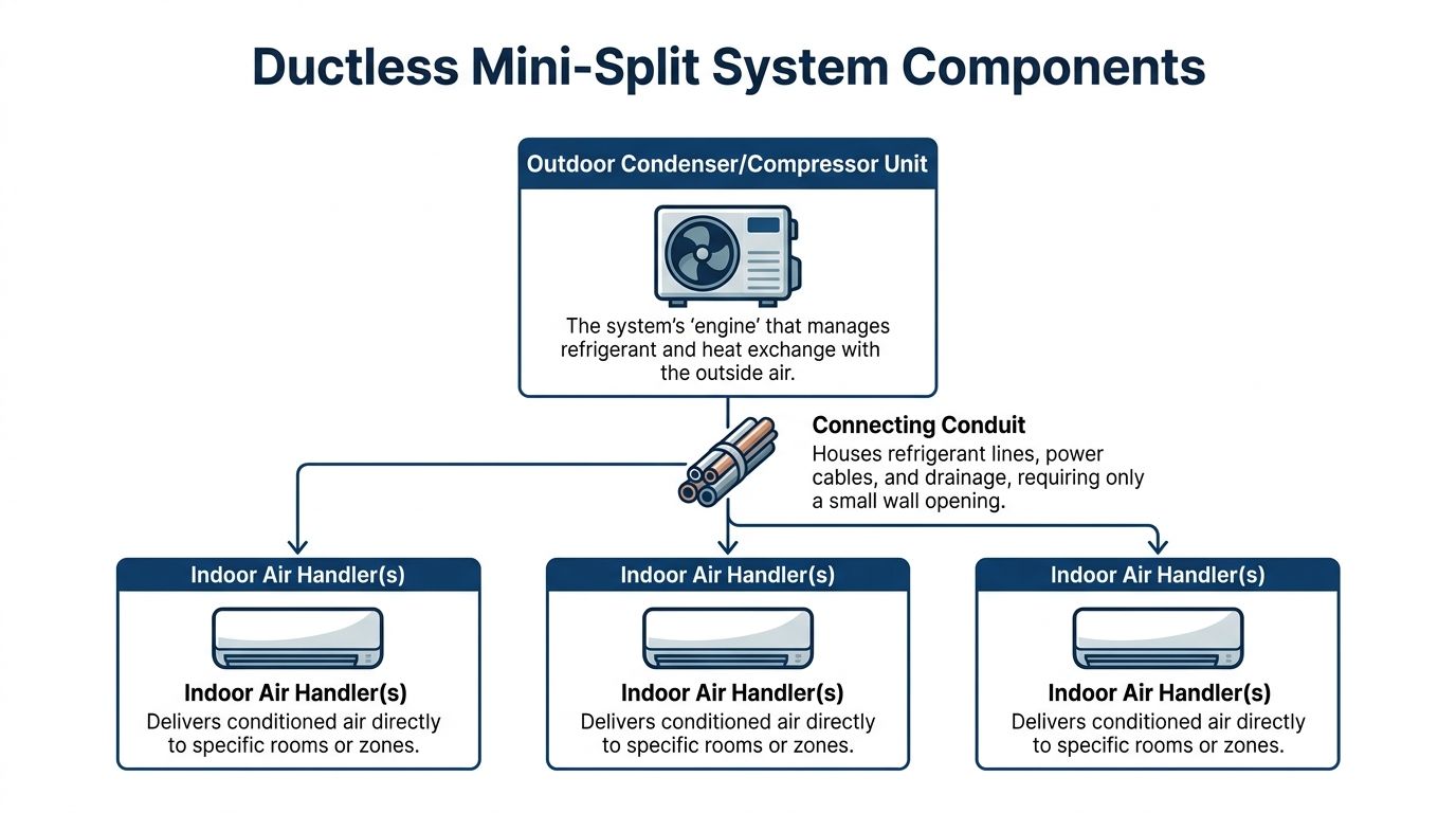 A diagram illustrating the components of a ductless mini-split system, including an outdoor unit and indoor air handlers.