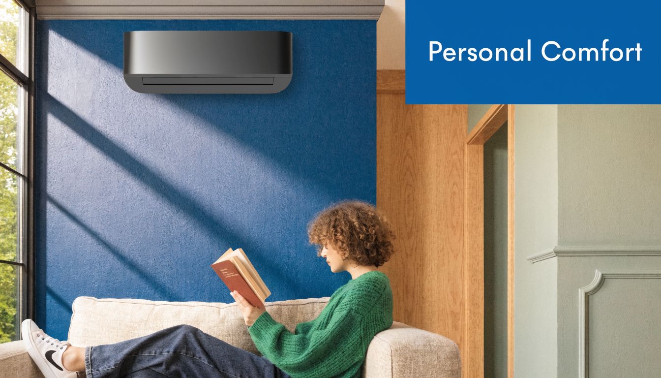 A person with curly hair sits on a beige sofa reading a book in a modern room.