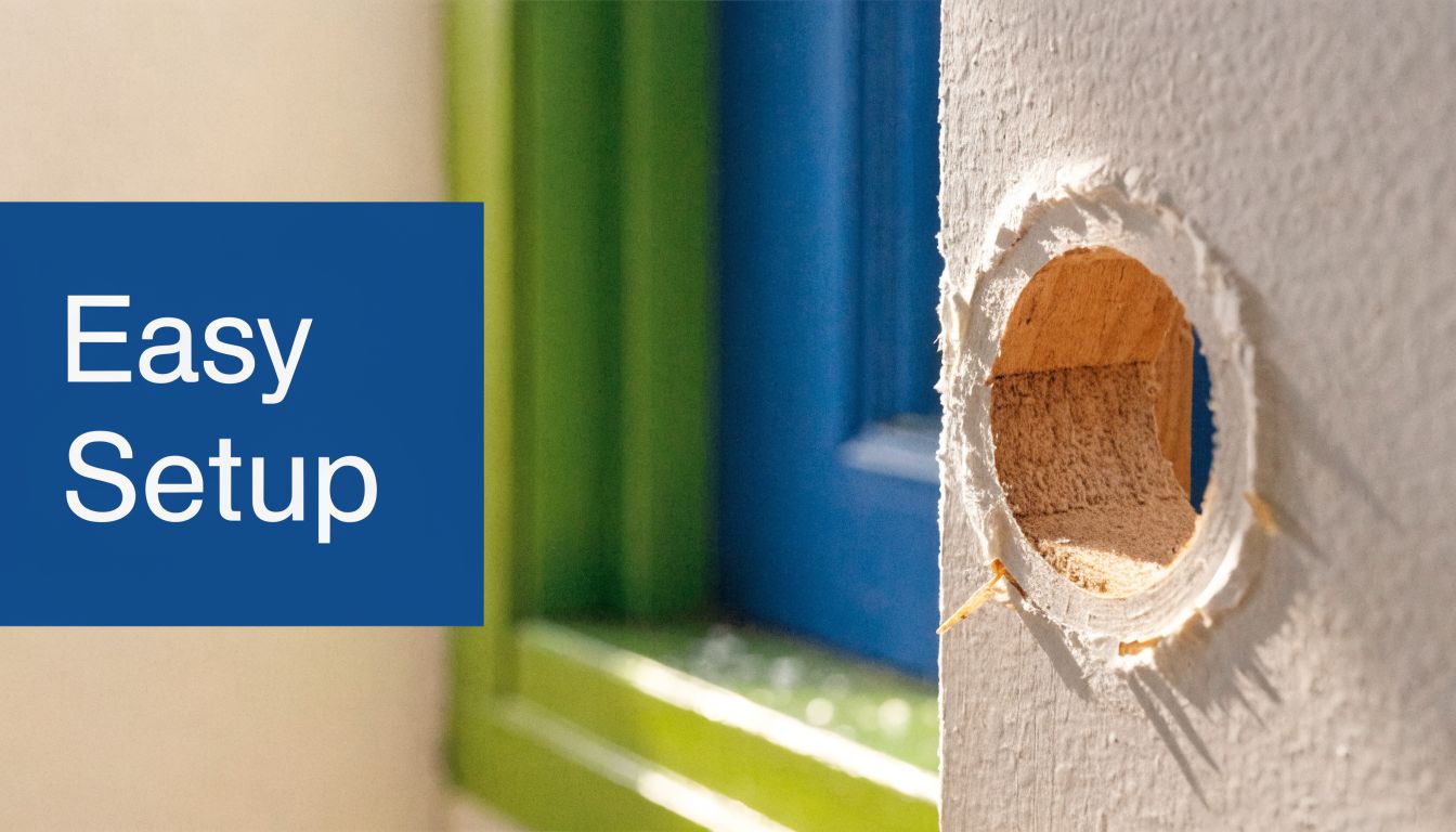 A close up view of a round hole drilled into a white wall near a blue and green frame.