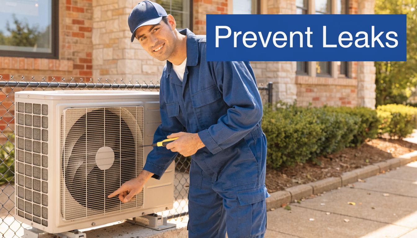 A professional HVAC technician in a blue uniform inspecting an outdoor residential air conditioning unit for leaks.