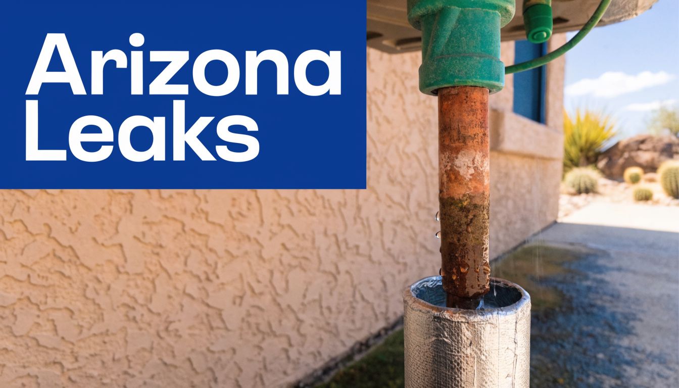 A corroded copper pipe leaking refrigerant onto a residential patio surface in an Arizona desert setting.