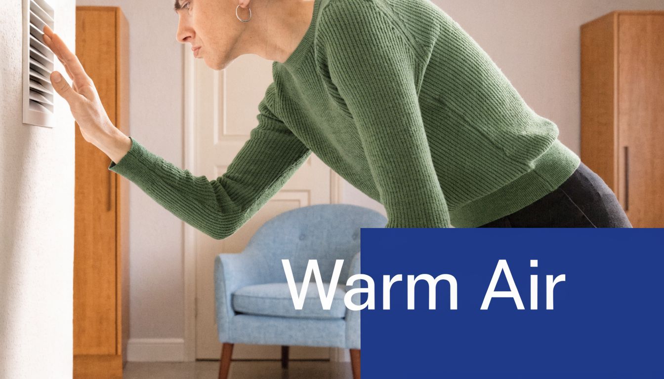A person feeling warm air coming from a ventilation vent on the wall of a home.