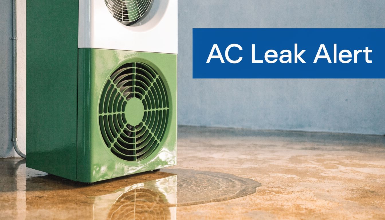 A green portable air conditioner sitting on a concrete floor with a puddle of water leaking underneath.