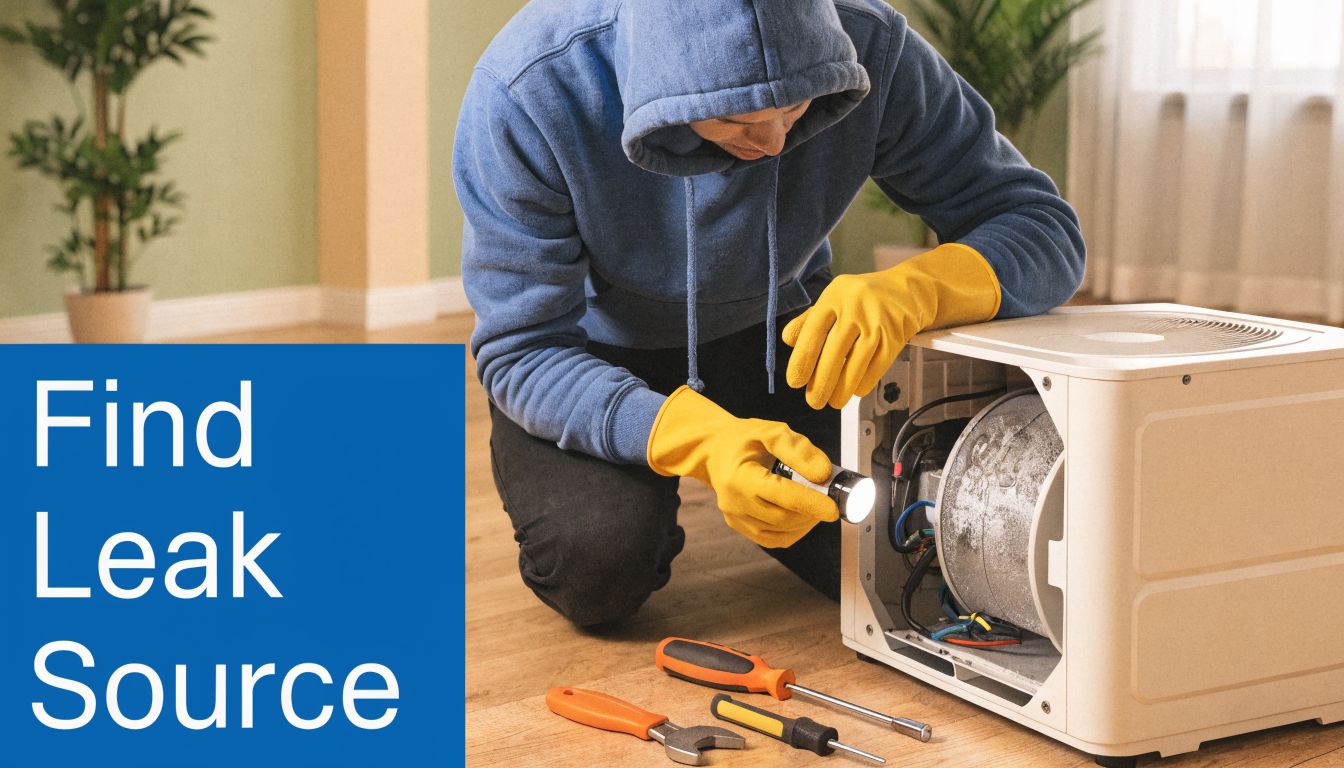 A technician wearing a blue hoodie and yellow gloves inspects an air conditioner leak with a flashlight.