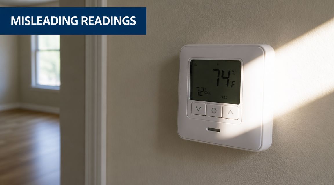 A wall-mounted digital thermostat displaying temperature settings in a room with sunlight hitting the side.