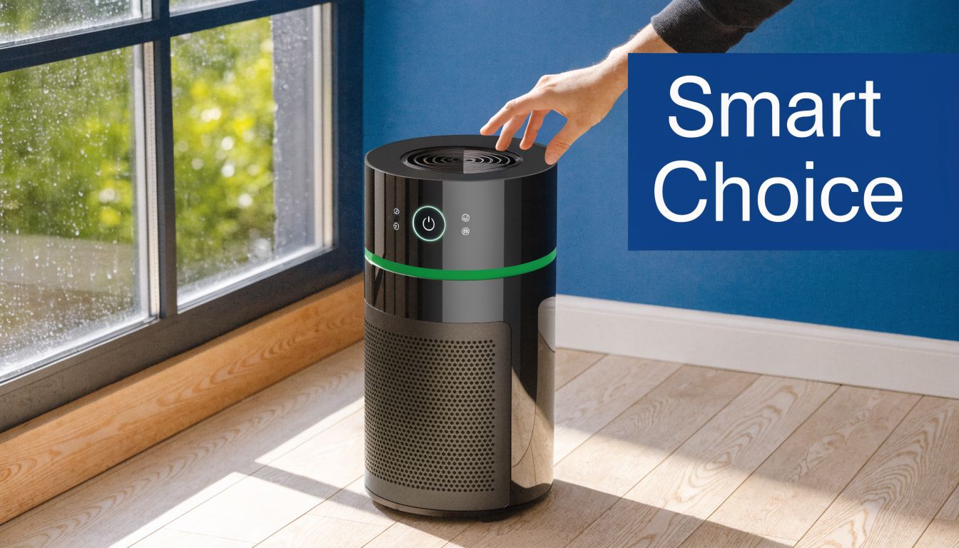 Expert Guide to Air Purifiers Cigarette Smoke 2026 3 A modern black air purifier stands on a hardwood floor near a window, with a hand adjusting settings.