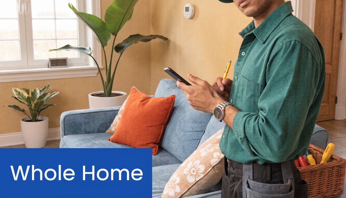 Expert Guide to Air Purifiers Cigarette Smoke 2026 4 A professional technician stands in a living room, holding a pen and checking a digital device.