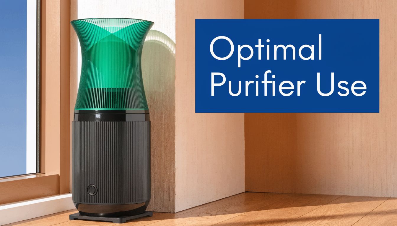 A modern air purifier with a green translucent top placed on a wooden floor near a corner.