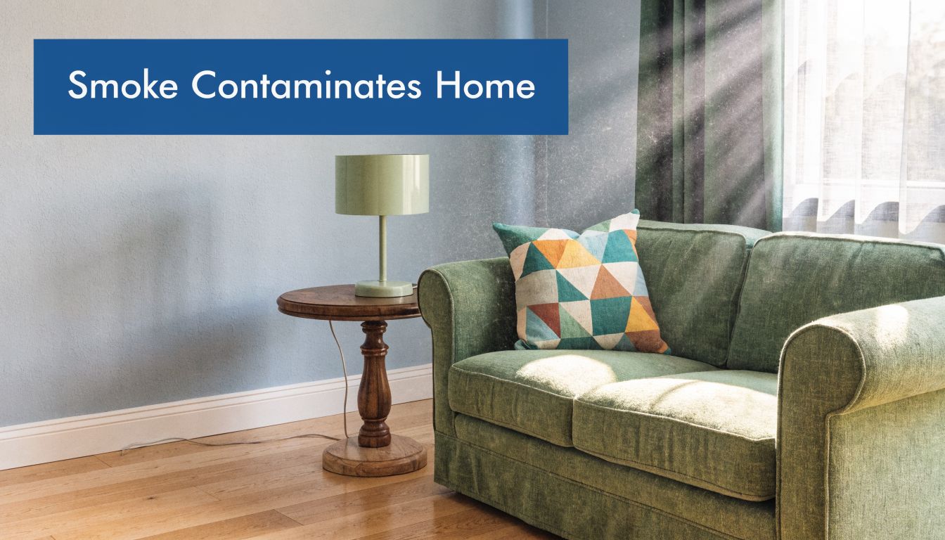 A living room featuring a green sofa and a side table, illustrating indoor smoke contamination effects.