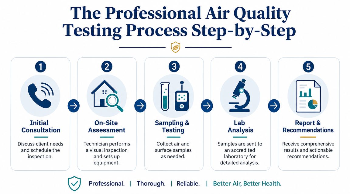 A five-step infographic detailing the professional air quality testing process from consultation to final report and recommendations.