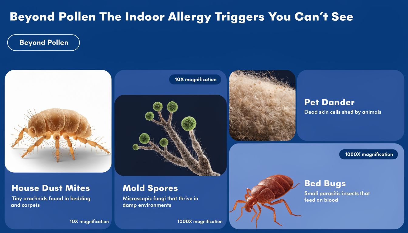 An infographic displays common indoor allergy triggers including house dust mites, mold spores, pet dander, and bed bugs.