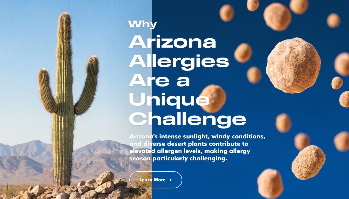 A saguaro cactus stands in a desert landscape with floating pollen particles against a deep blue sky.