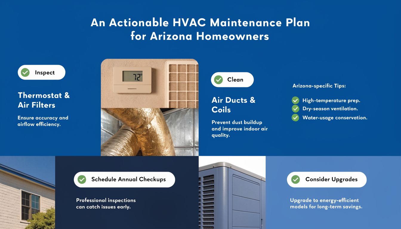 An infographic providing essential HVAC maintenance tips for homeowners living in Arizona to ensure energy efficiency.