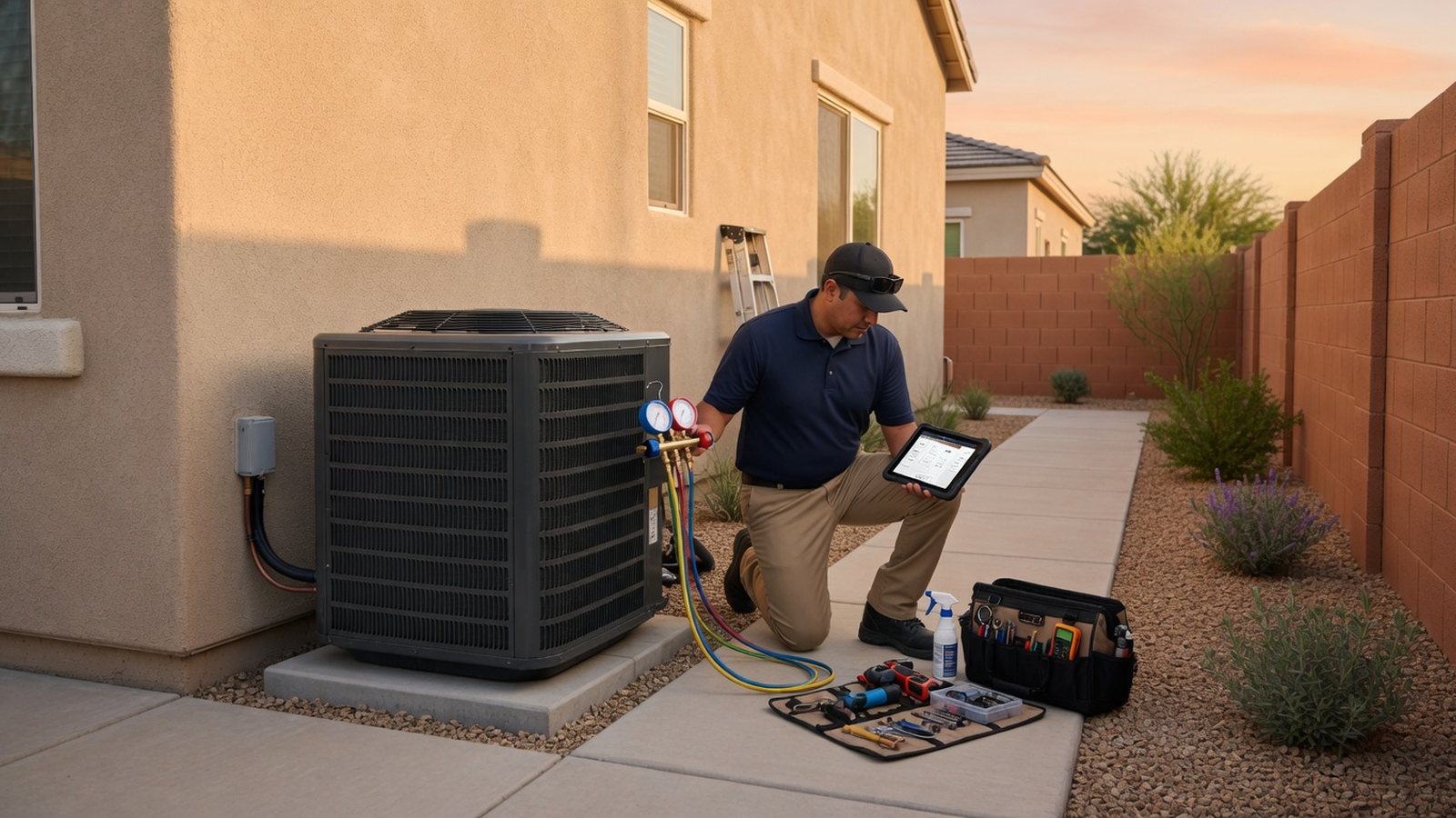 Best AC repair companies in Mesa, AZ: what to compare before you call 2 Mesa HVAC technician servicing an outdoor AC condenser beside a home