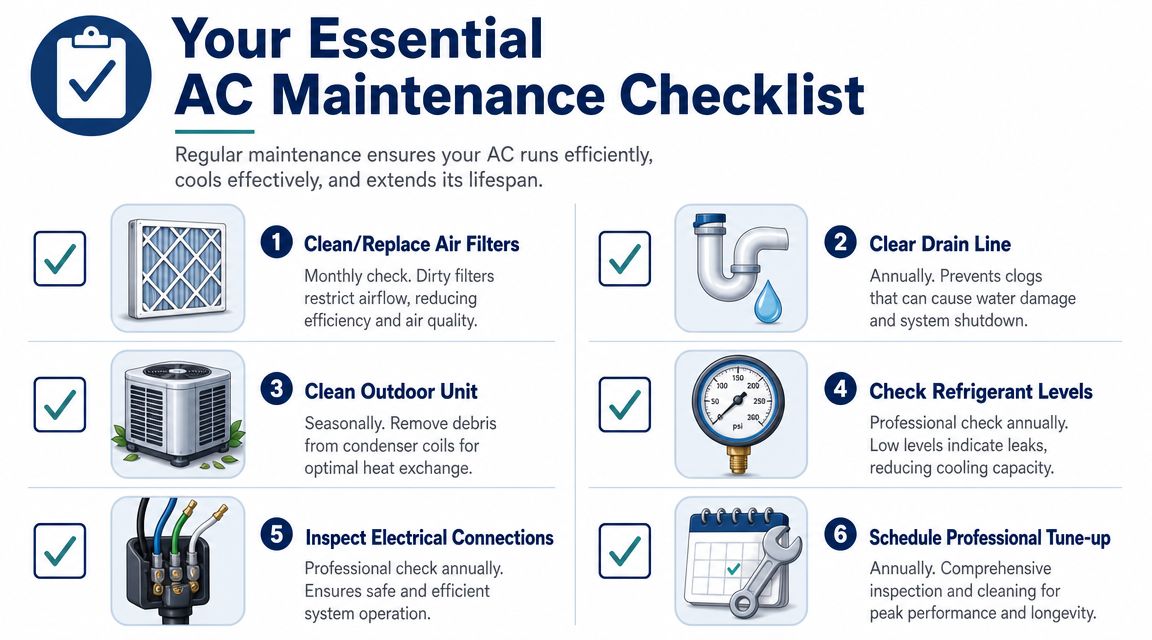 An essential air conditioning maintenance checklist infographic outlining six key steps for keeping an AC unit efficient.